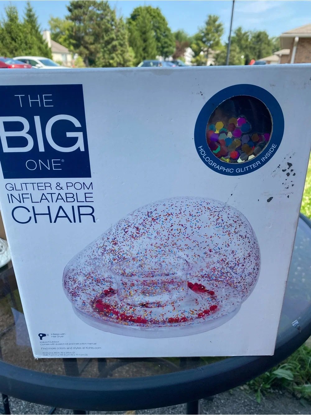 The Big One Clear Inflatable Glitter & Pom Chair with Pink and Red Glitter